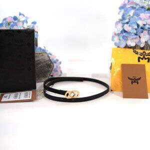 MCM Black Calf Leather Diamond Logo Gold Plated Buckle Thin Belt 80CM 32 NWT